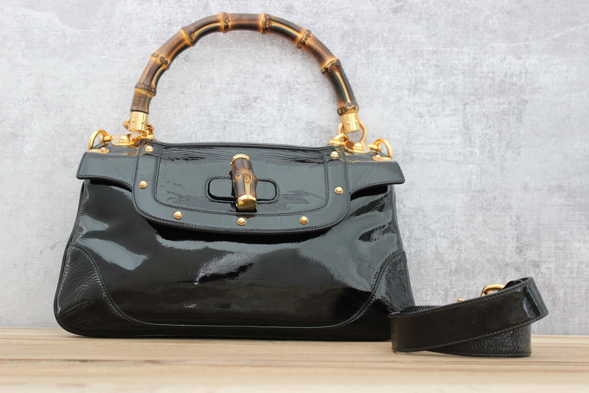 Gucci Black Patent Leather Bamboo Handle Shoulder Bag