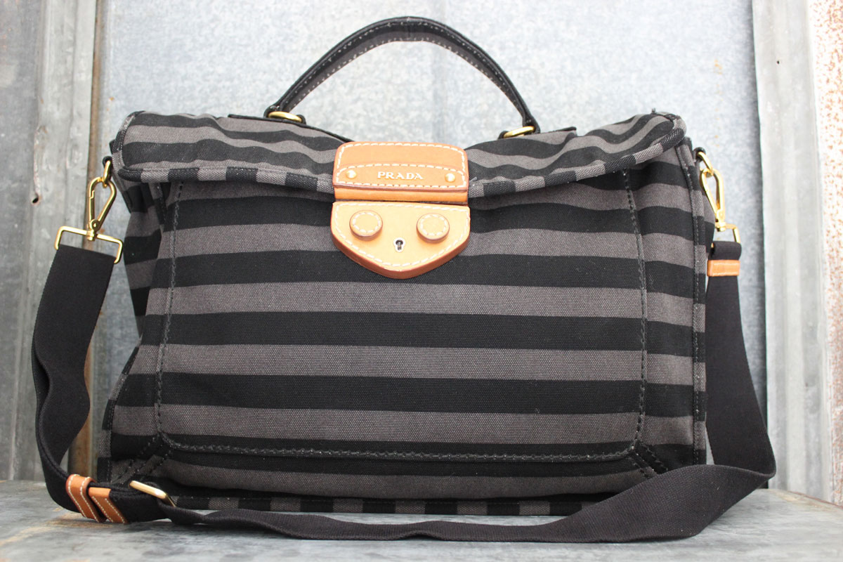 Prada Unisex Black \u0026amp; Grey Striped Canvas Messenger Bag  