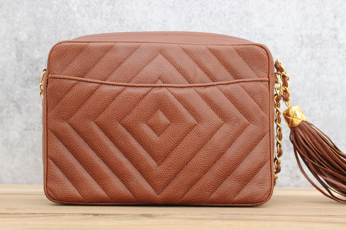 Chanel brown caviar chevron quilted classic camera bag with tassel