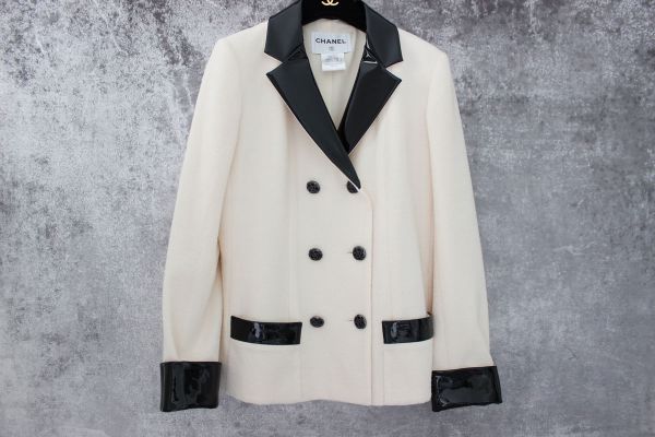 Chanel Ivory Jacket with Black Patent Leather Trim 40