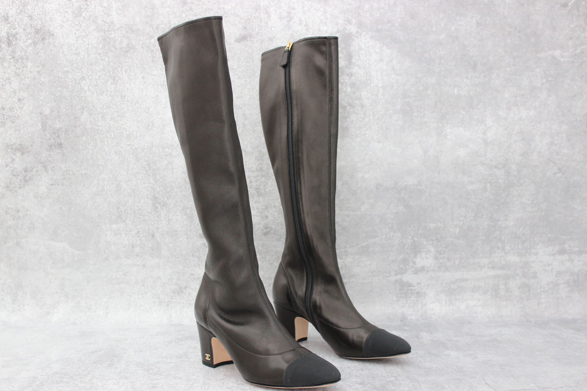 Chanel Stretch Lambskin Cap Toe Knee High Boots 38 at Jill's Consignment