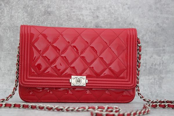 Chanel Patent Leather Boy Wallet On Chain Red at Jill's Consignment