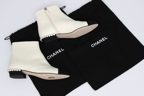 Chanel Ivory & Black Pearl Heel Ankle Boots #13