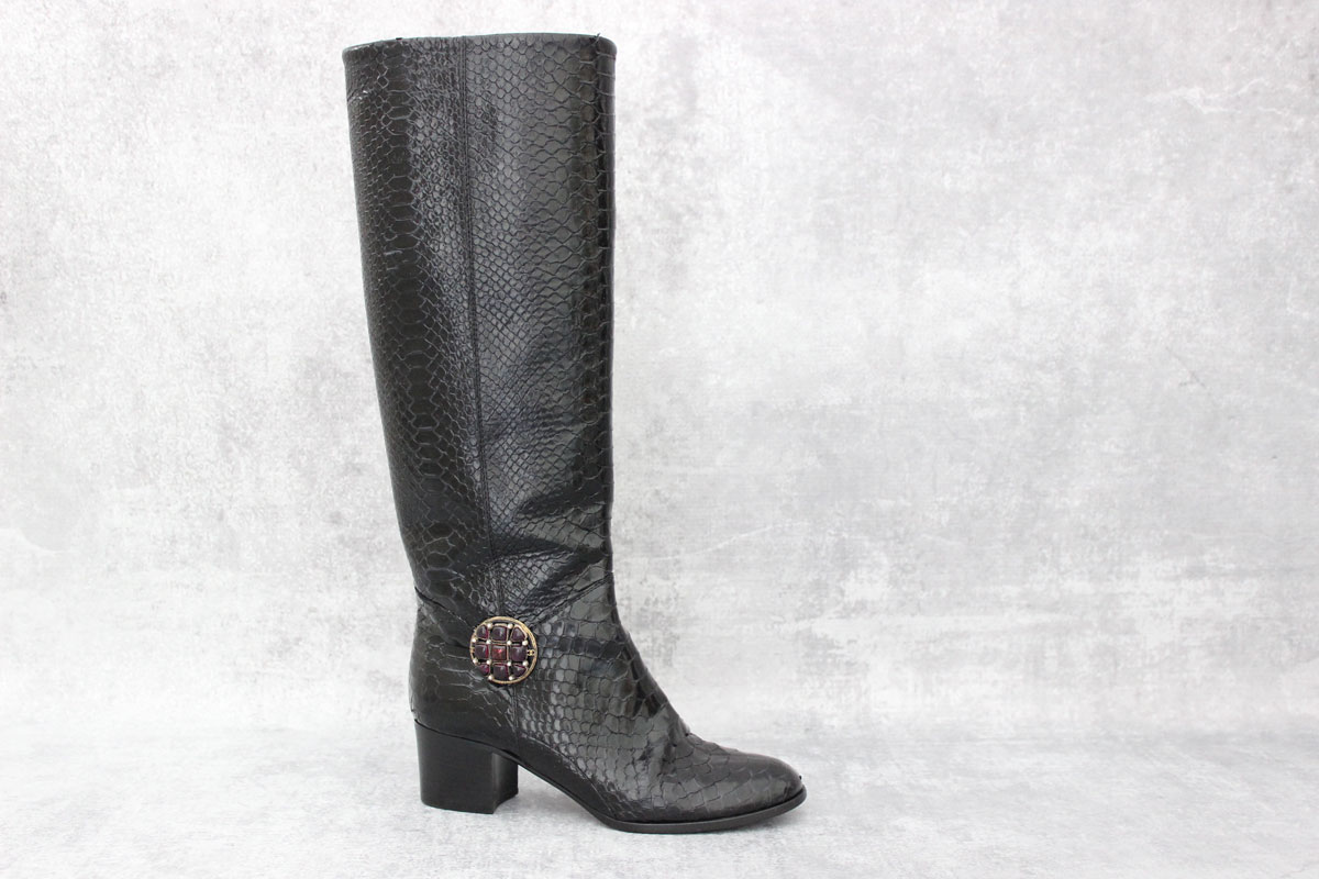 Chanel Python Embossed Jeweled Knee High Boots at Jill's Consignment