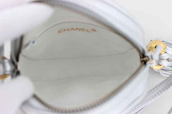 Chanel Metallic Silver Vintage Round Quilted Lambskin CC Tassel Bag #11