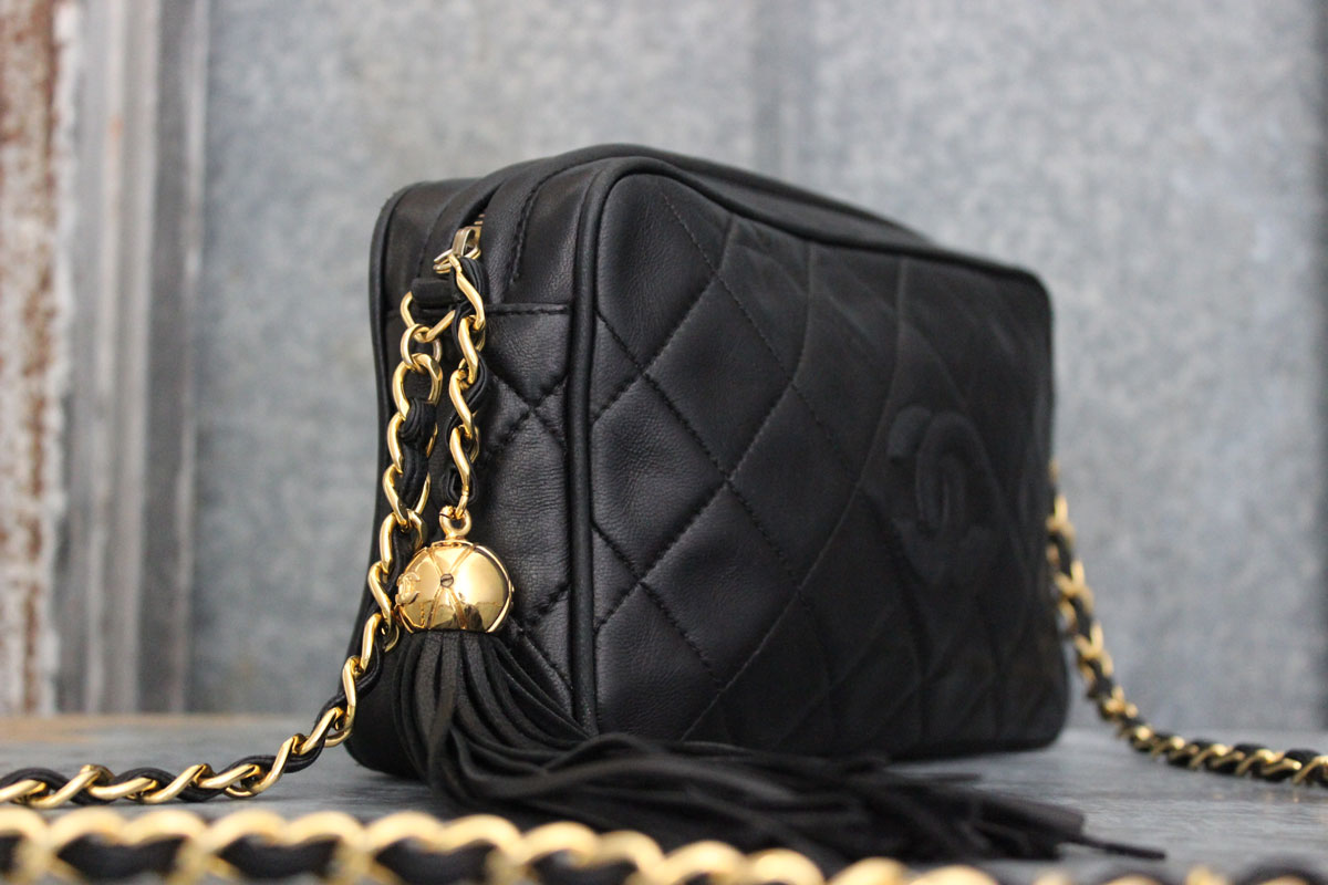 Chanel Vintage Black Quilted Lambskin Small Camera Bag Tassel