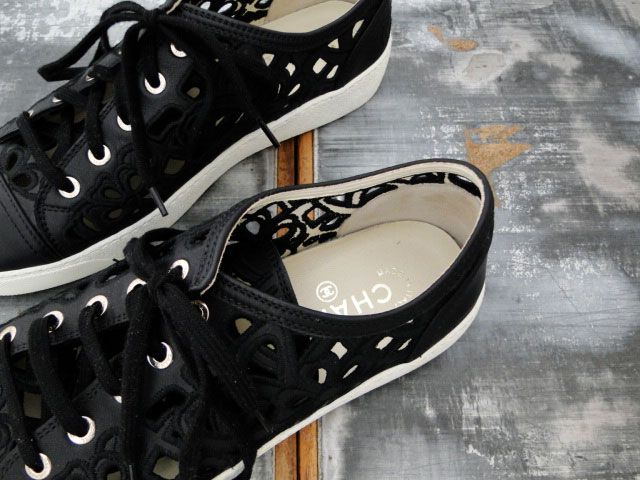 Chanel Black Lace Leather Sneakers 39