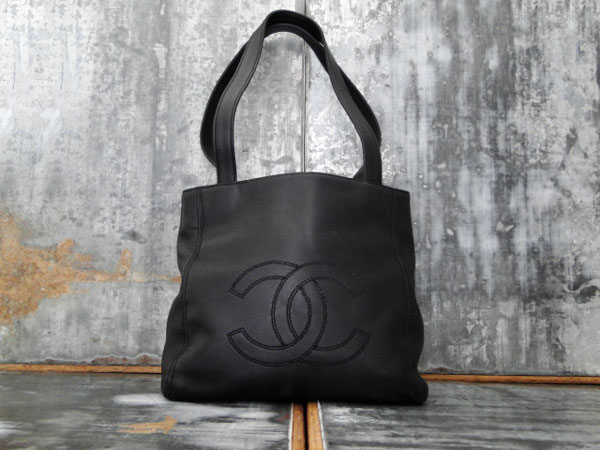 Chanel Vintage Small CC Stitched Logo Tote Black