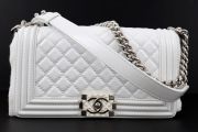 Chanel White Patent Leather Old Medium Boy Bag