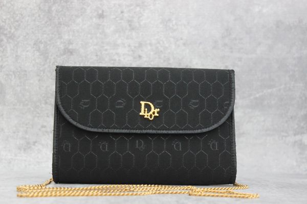 Dior Black Honeycomb Logo Chain Clutch