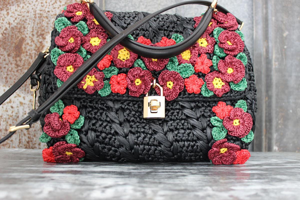 Dolce & Gabbana Black Raffia & Leather Floral MISS DOLCE Bag