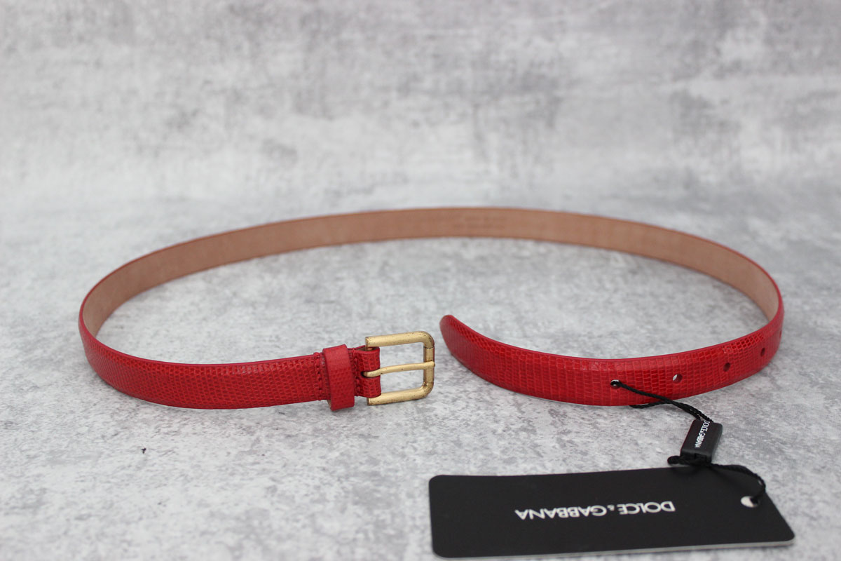 32in RRP $650 DOLCE & GABBANA Belt Red Leather Iguana Pattern Gold Buckle 80cm