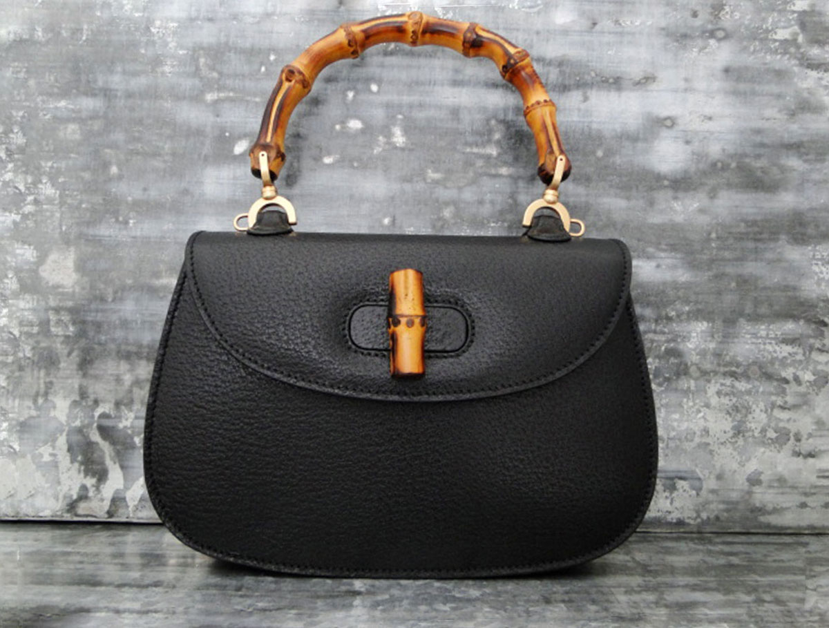 Vintage 00s Bamboo Handle Black Leather Handbag By Gucci