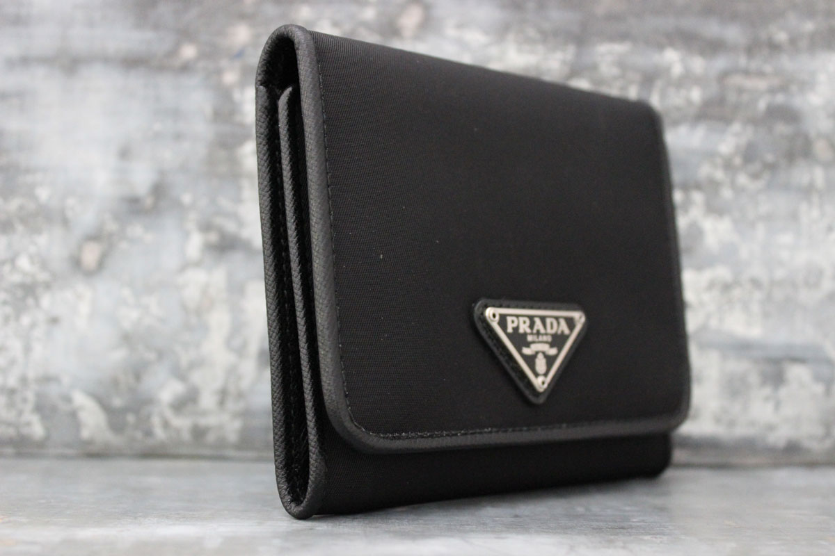Prada Black Nylon & Leather Trifold Compact Wallet