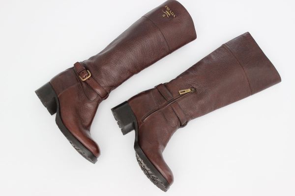 Prada brown distressed leather knee high boots #2