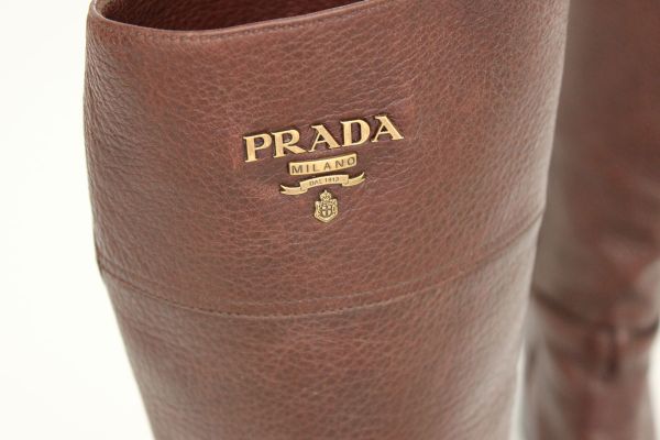 Prada brown distressed leather knee high boots #8