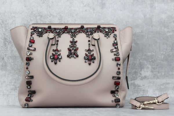 Valentino Blush Leather Crystal Embellished Tote Bag